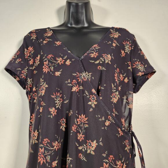 SO SS Knit Faux Wrap Mini Dress Junior M Black Orange Floral Bow Mesh Whimsigoth - Picture 8 of 12